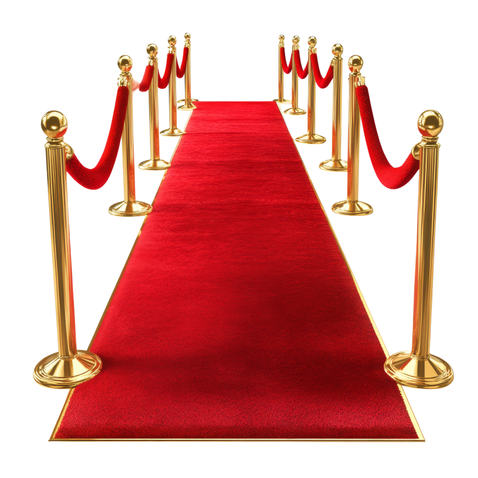 Luxurious red carpet with golden stanchions and ropes creating an elegant entryway for events and celebrations, red carpet, file of isolated object with shadow on transparent background png
