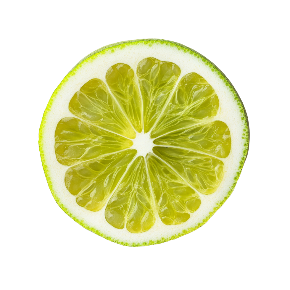 Freshly cut green pomelo slice displayed on a clean transparent background highlighting its juicy texture and vibrant color, Fresh slice of green pomelo on a transparent background png