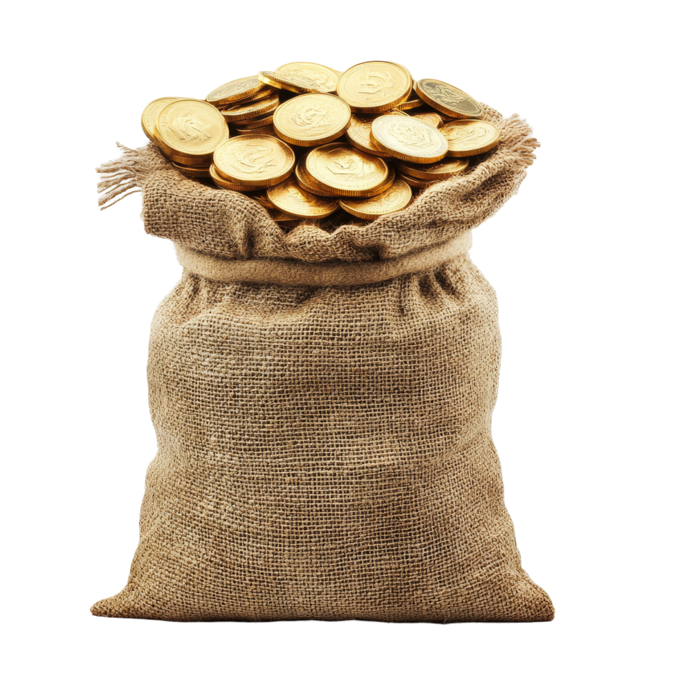 A burlap sack overflowing with gold coins sits atop a smooth surface in a welllit environment, Burlap sack full with gold coins isolated on transparent background Stock Photo png