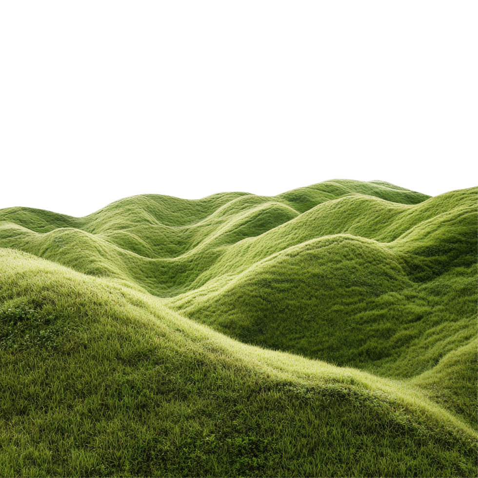 Serene green hills landscape with lush grass isolated on a transparent background evokes tranquility and natural beauty, green hills landscape isolated on transparent background png