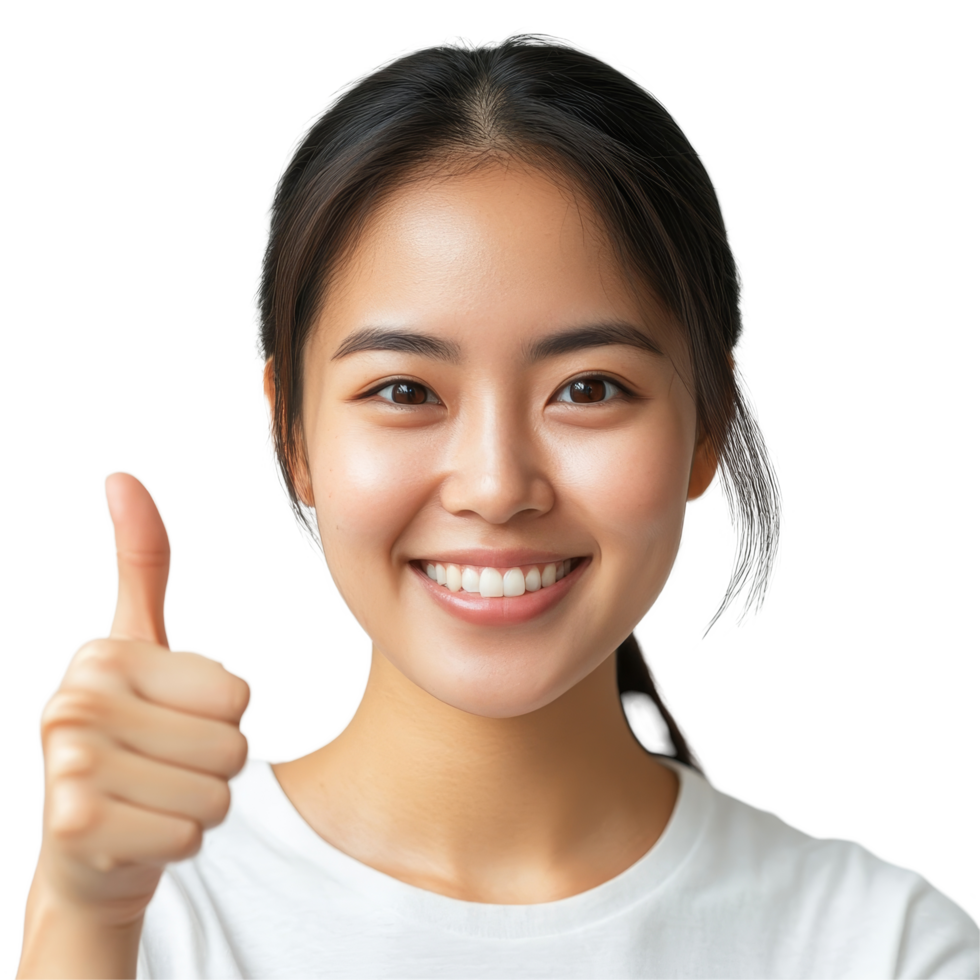 Cheerful Asian woman giving a thumbs up indoors, radiating positivity and joy in a casual setting, Portrait happy Asian woman shows thumb up and looking at the camera transparent background png