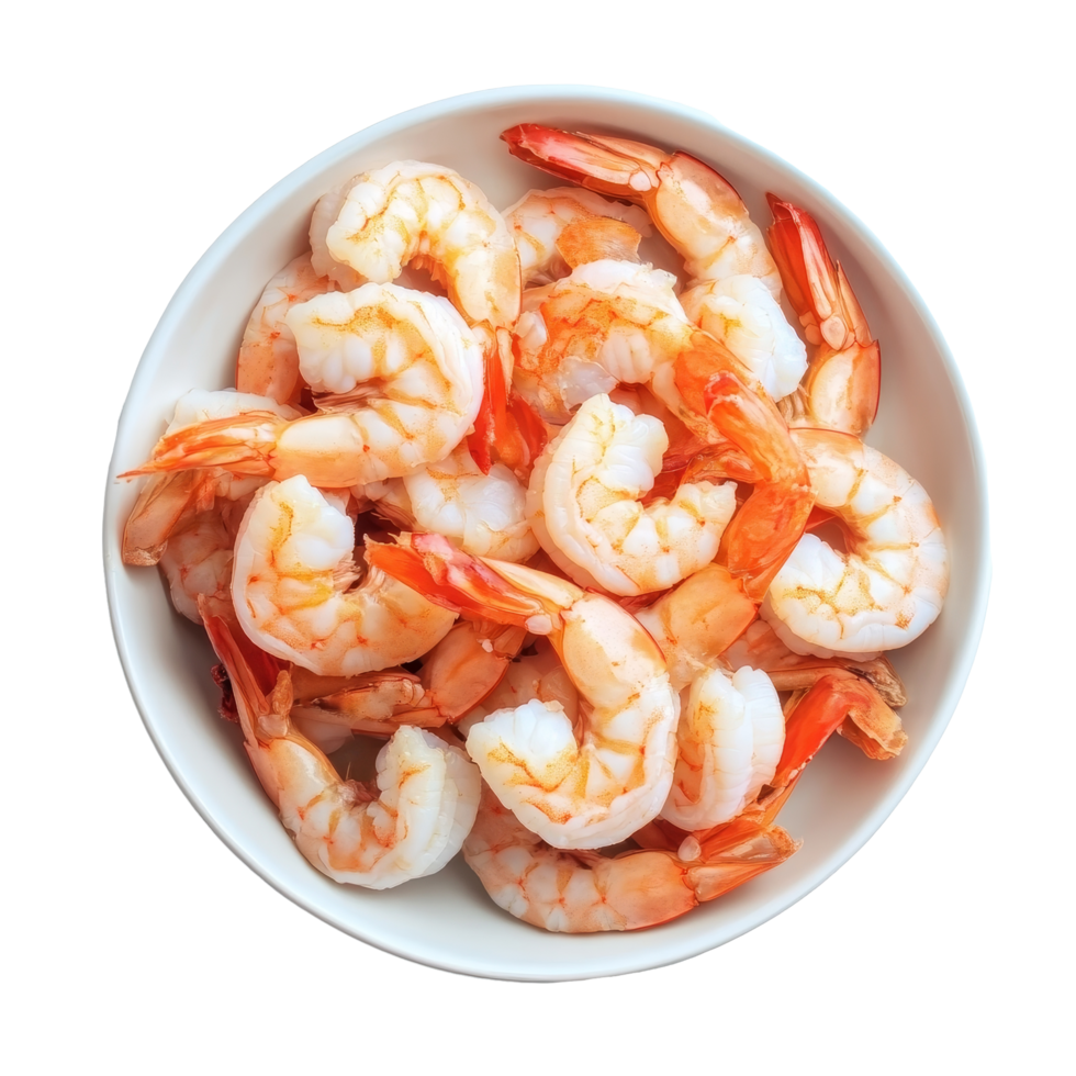 Freshly boiled shrimp presented in a bowl on a plain transparent background for a culinary display, boiled shrimp on transparent background png