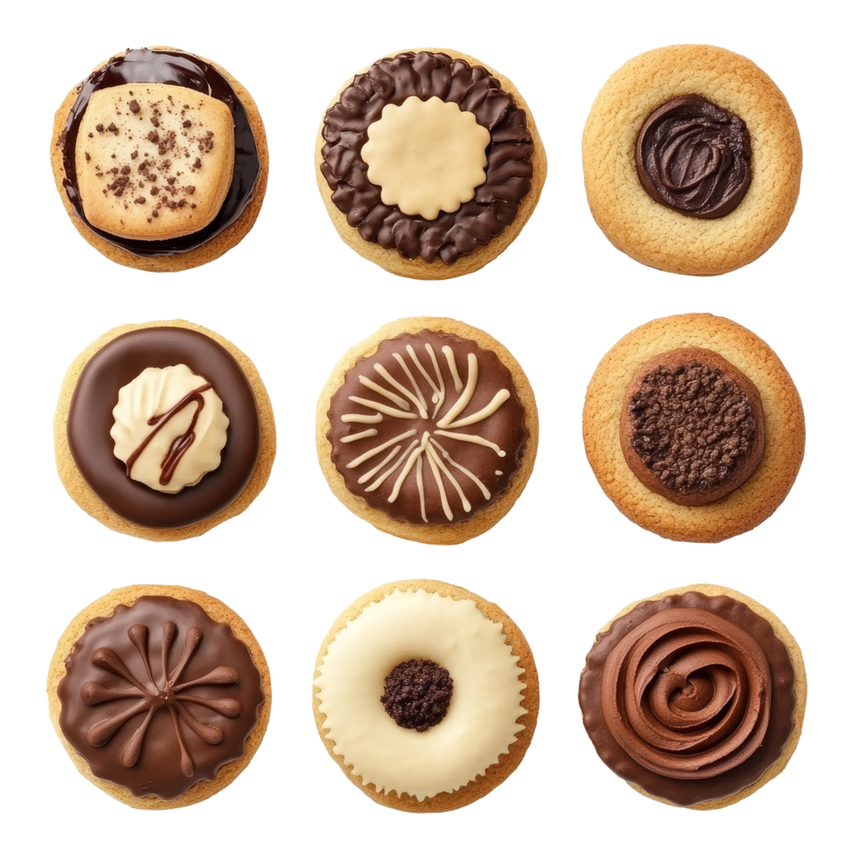 Delicious variety of cookies with different toppings displayed on a transparent background ready for a sweet treat, cookies with various toping top view isolated on transparent background png