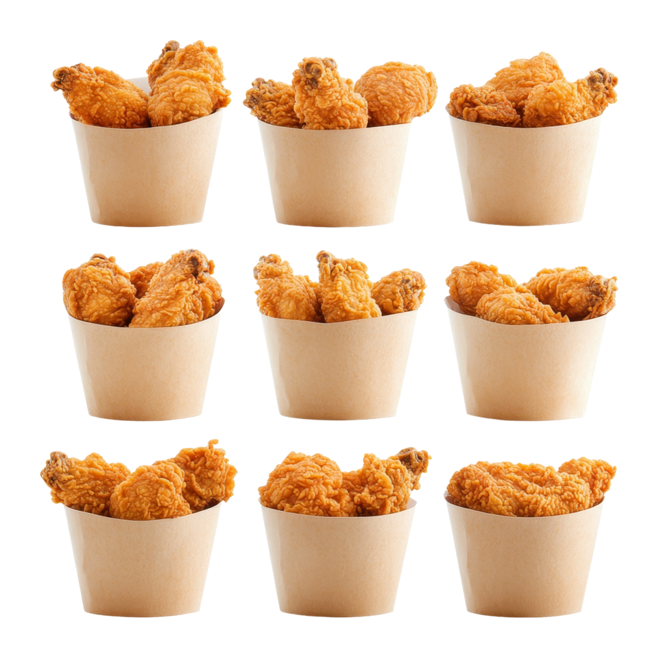 A collection of crispy fried chicken served in paper buckets arranged in an appealing color, perfect for sharing at any gathering, Fried Chicken in paper bucket isolated on transparent background png