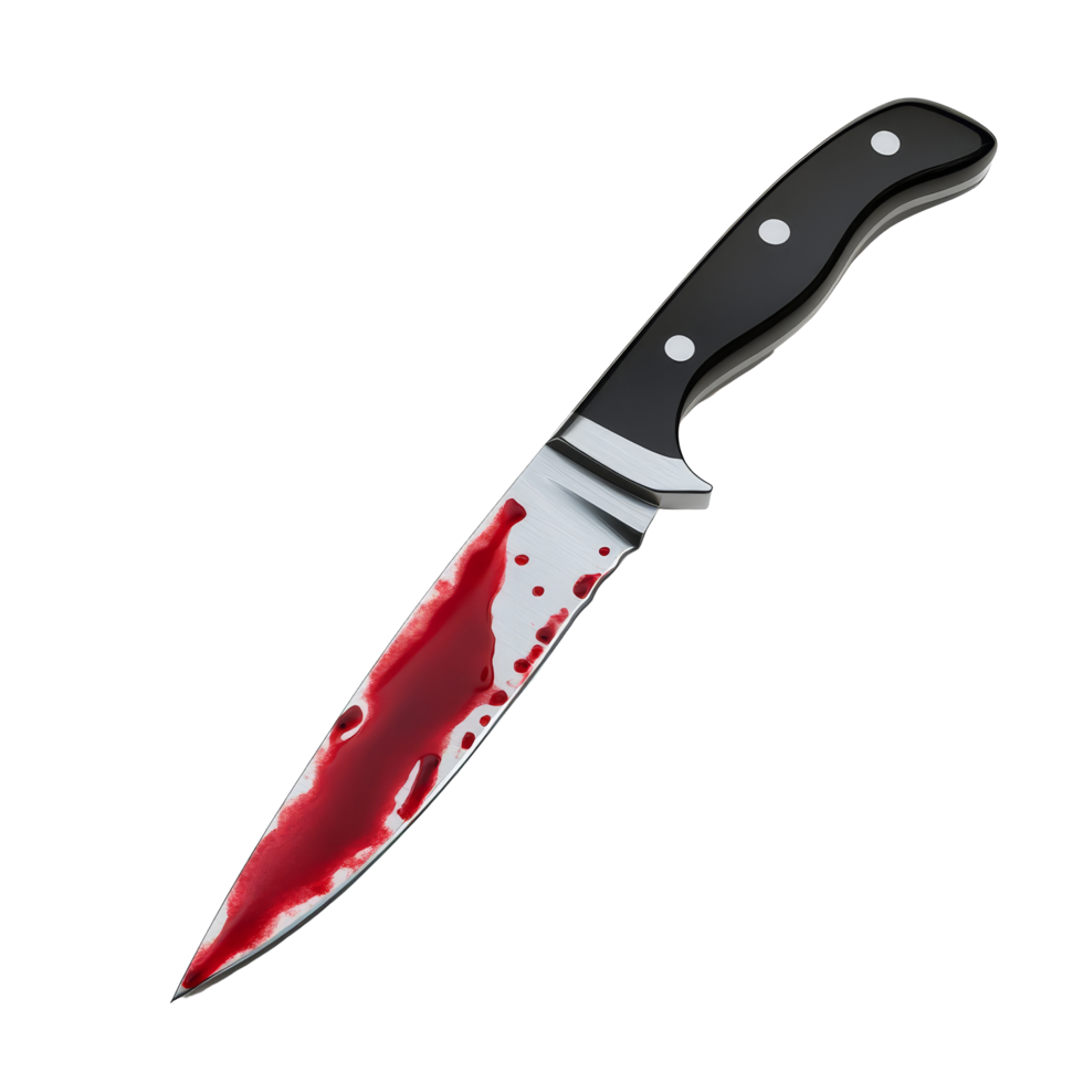 Kitchen knife stained with blood on a clean transparent background emphasizing a dramatic and unsettling atmosphere, Kitchen Knife with Blood Dripping on transparent background Horror Scene, Halloween png