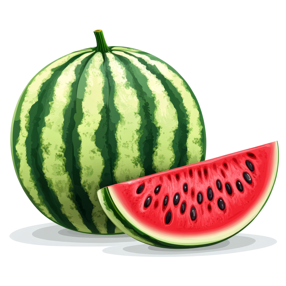 Fresh watermelon with vibrant green stripes and a juicy red slice on a clean transparent background, watermelon isolated on transparent background png