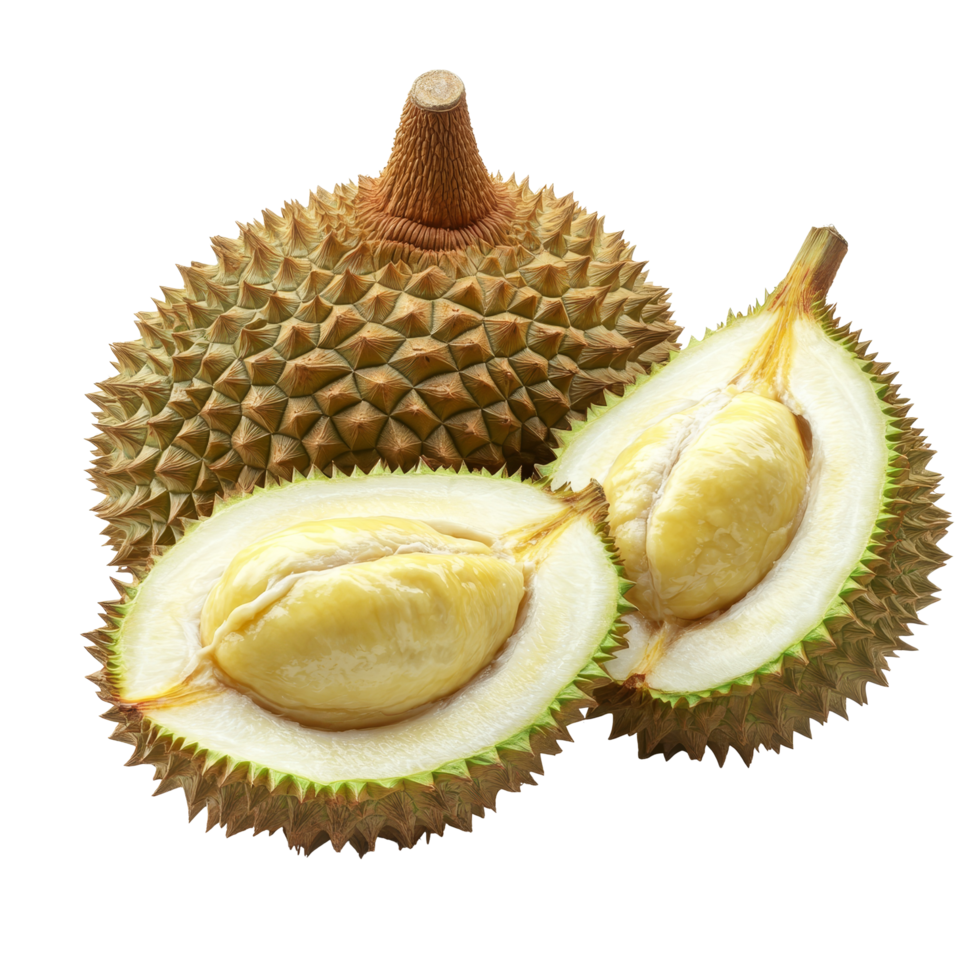 Fresh durian fruit cut open to reveal creamy flesh against a clean transparent background in a natural setting, durian fruit isolated on transparent background png