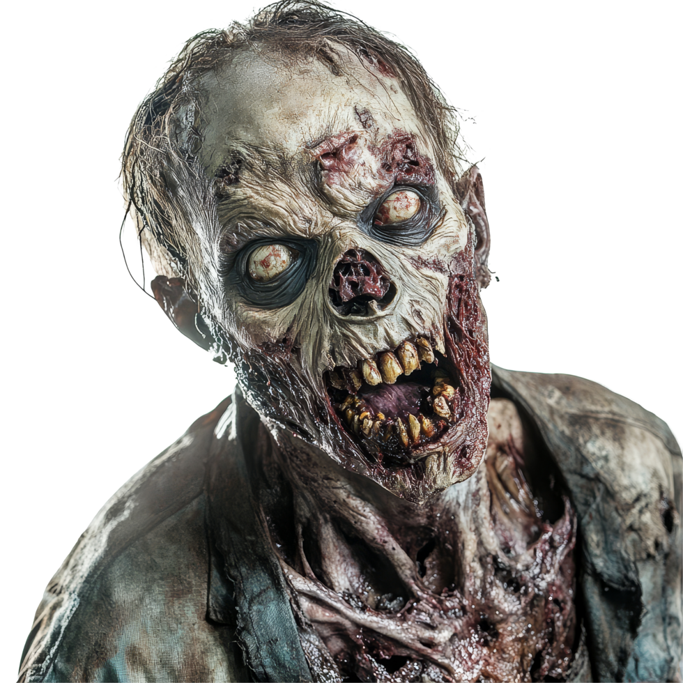 A terrifying zombie with decaying features and hollow eyes stands against a stark transparent background, evoking fear, Terrifying Zombie on transparent background png