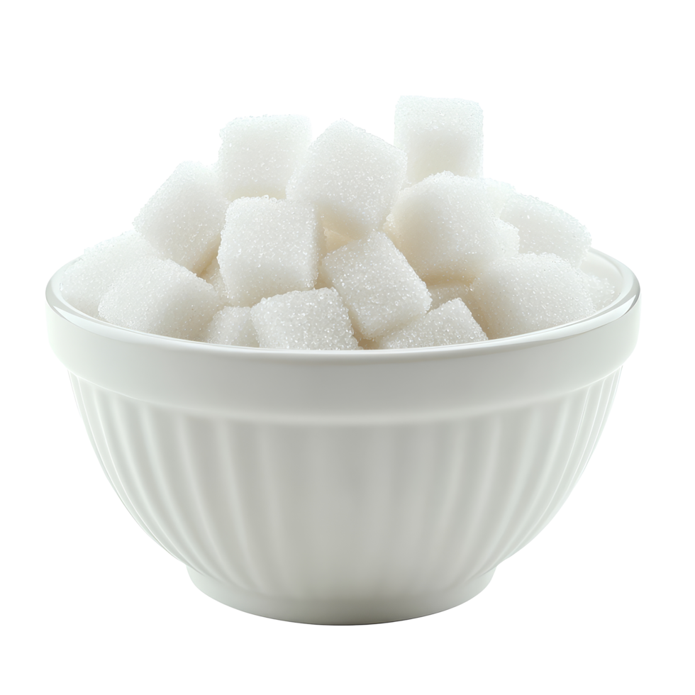 Sweet sugar cubes piled in a transparent bowl against a clean transparent background, sugar in transparent bowl on transparent background png