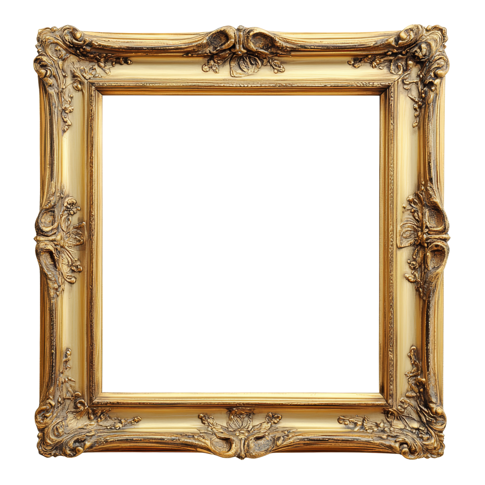 Elegant wooden picture frame with intricate golden detailing crafted for artistic displays in home decor, Wooden blank picture framerealistic horizontal picture frame png