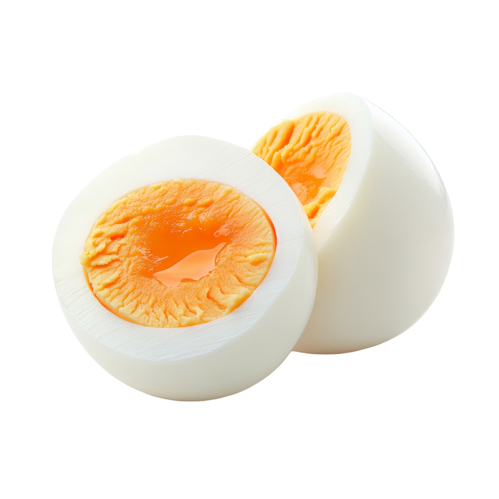 Freshly boiled egg halves on a transparent background with a vibrant yolk and smooth egg transparent, boiled egg and fresh isolated on transparent background png