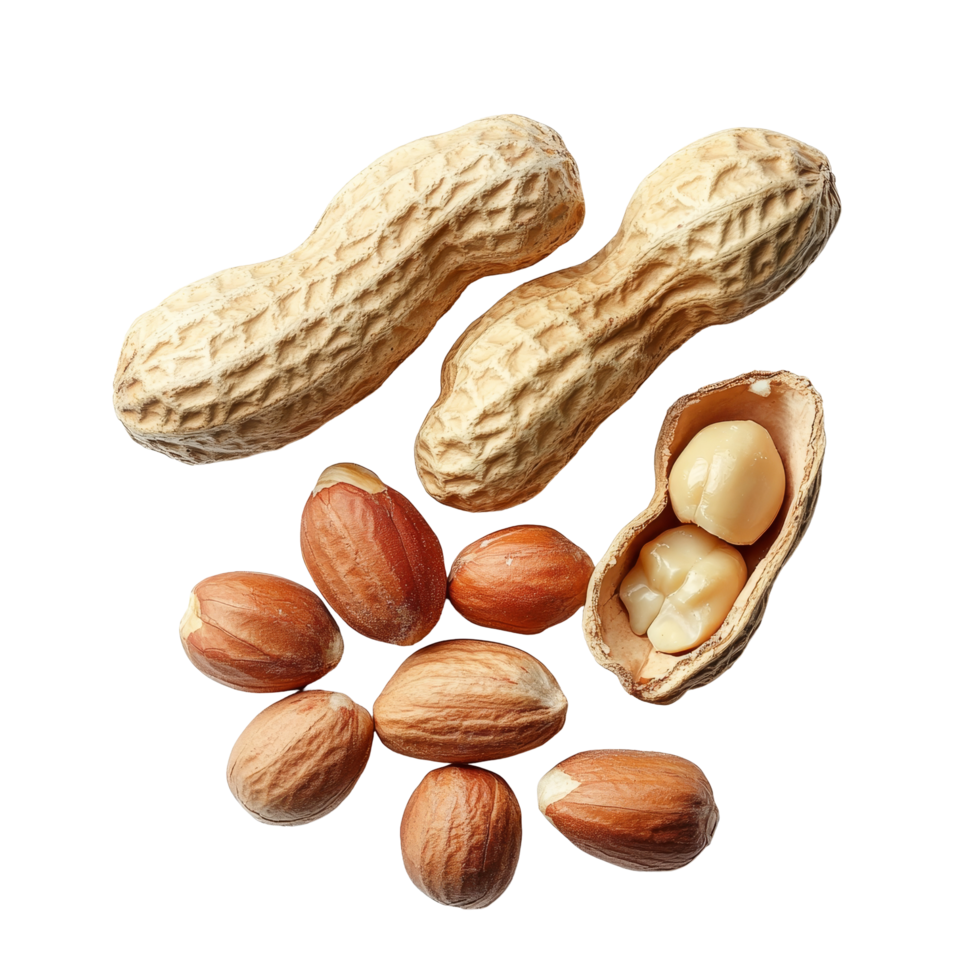 A variety of shelled and unshelled peanuts displayed on a clean surface, Group of peeled, unpeeled and opened shell peanuts png