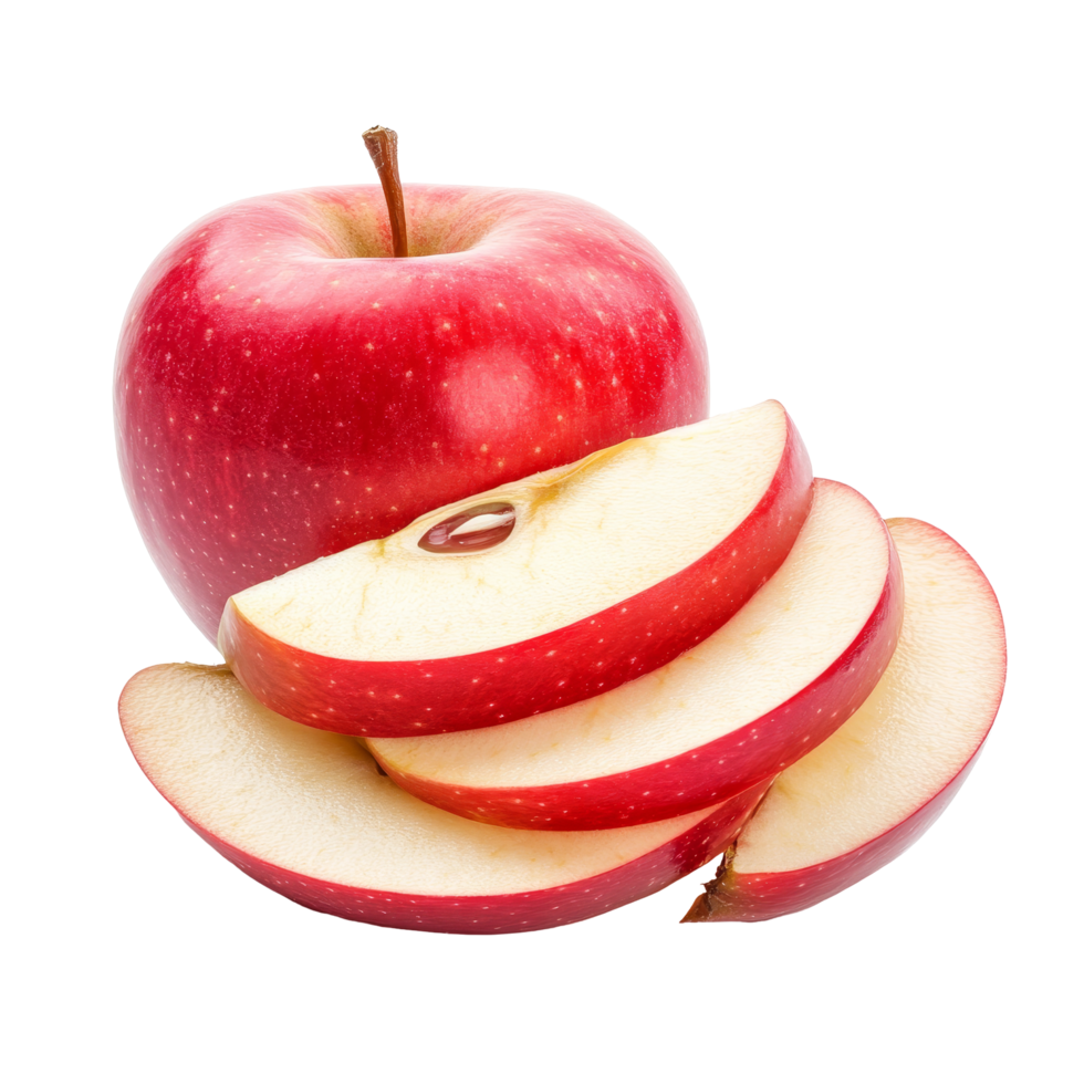 Freshly sliced red apple on a clean transparent background, showcasing vibrant color and texture for culinary uses, sliced apple isolated on transparent background png