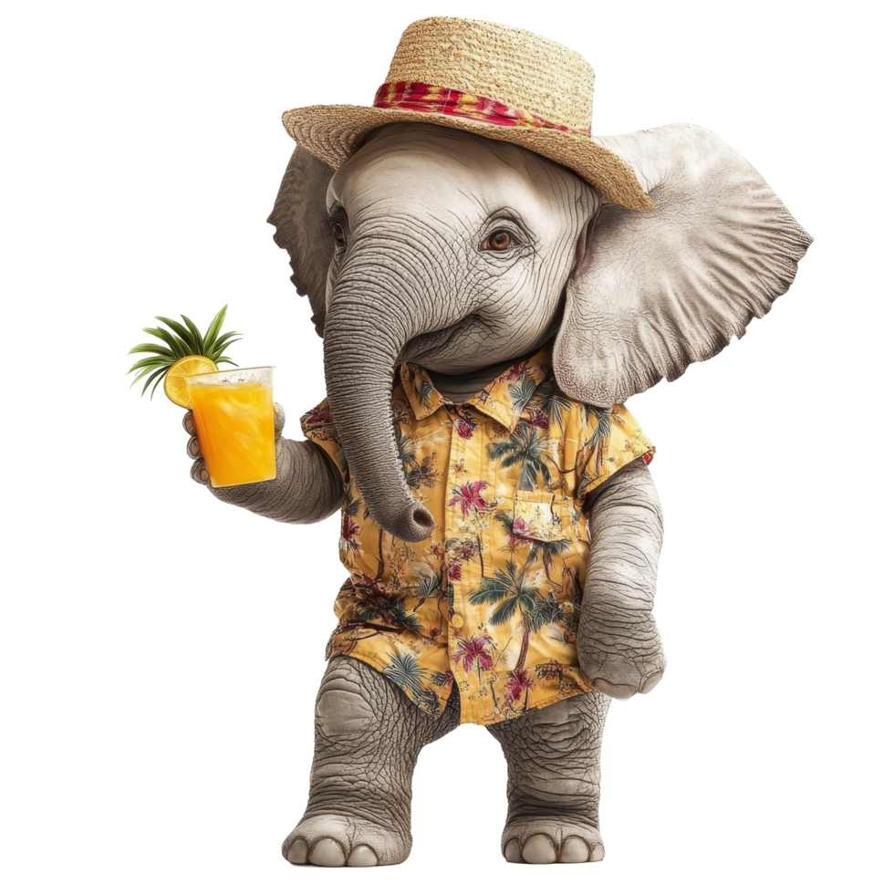 An elephant dressed casually enjoys a tropical drink on a sunny day at a beach, Elephant in Casual Outfit with Tropical Drink On transparent background png