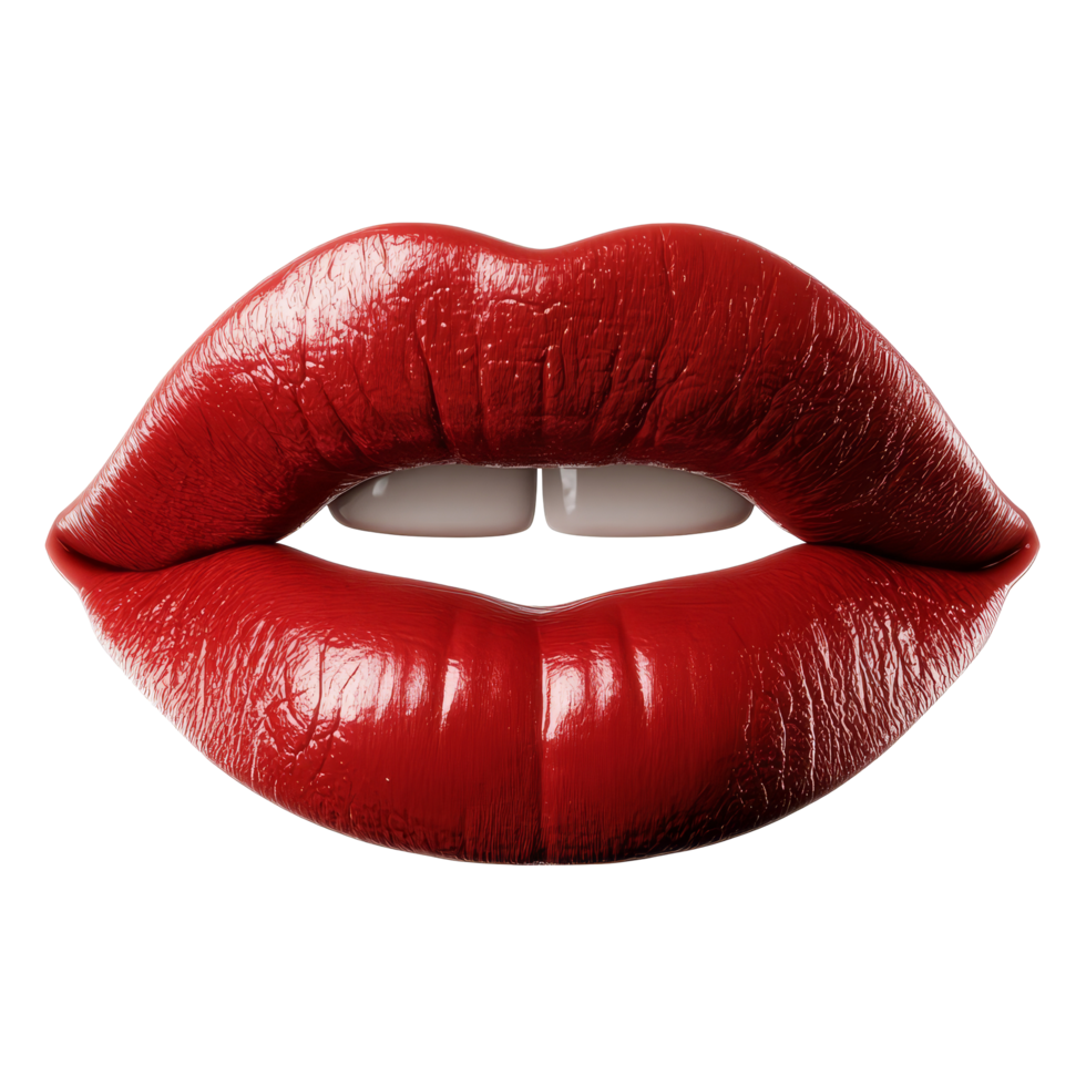 A closeup of a womans lips adorned with bright red lipstick, forming a kiss gesture against a plain, Womans lips with red lipstick and kiss gesture, 3D render isolated on transparent background png