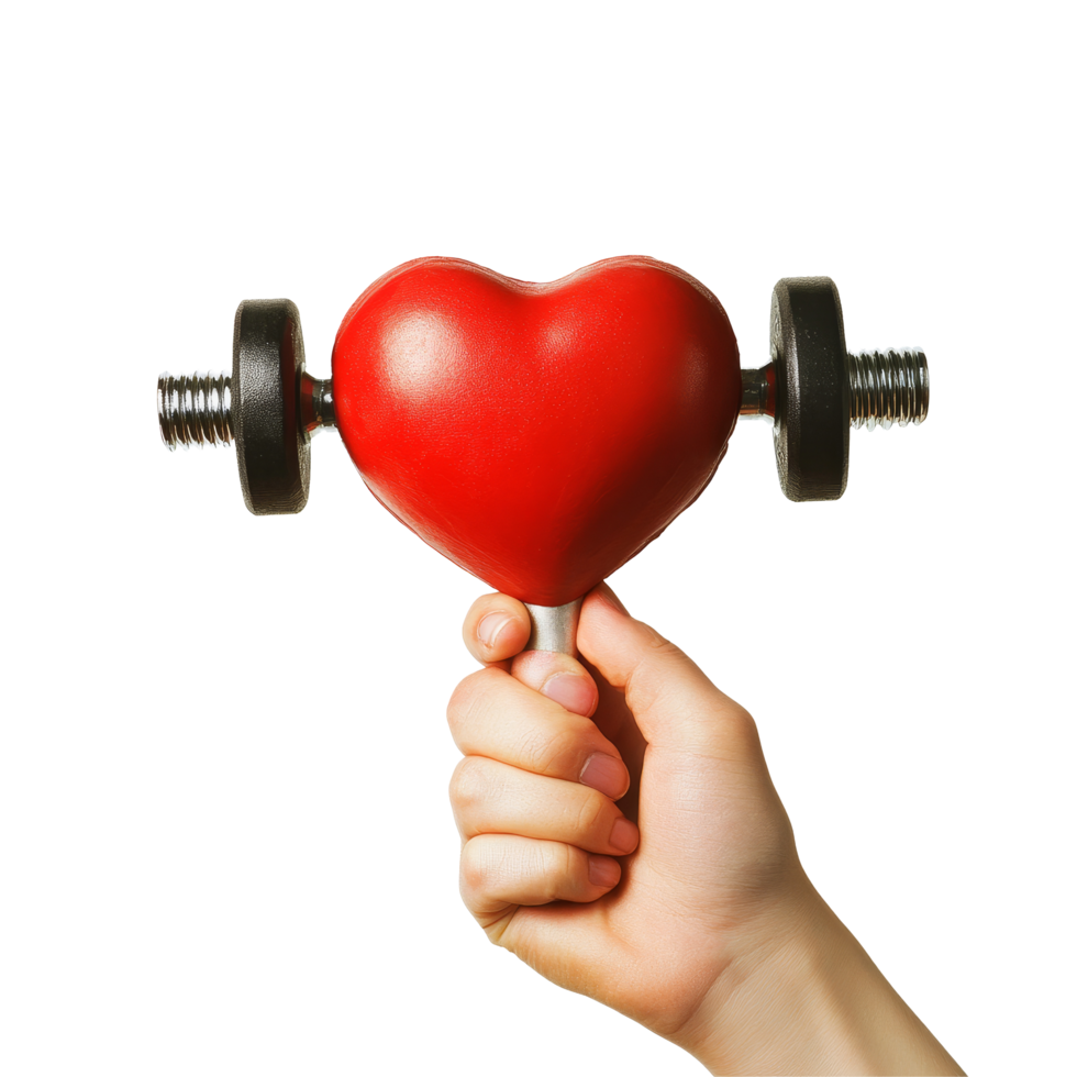 A heartshaped weight held by a hand symbolizes strength and fitness on a transparent background, Heart holding barbell in hand on transparent background Healthy concept png