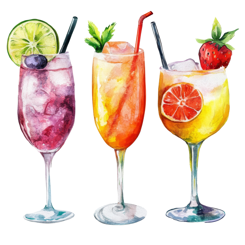 Four refreshing watercolor summer drinks in bright glasses against a transparent background, Four summer drinks on transparent background png