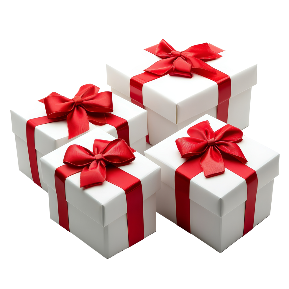 transparent gift boxes adorned with red bows, perfect for celebrations, isolated on a clean transparent background, Red opened gift box with group of transparent gift boxes isolated on transparent png