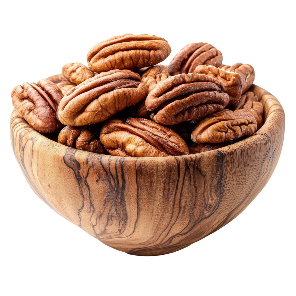 Pecans in a wooden bowl on a clean transparent background showcasing their natural beauty and texture, Pecans in wood bowl on transparent background png
