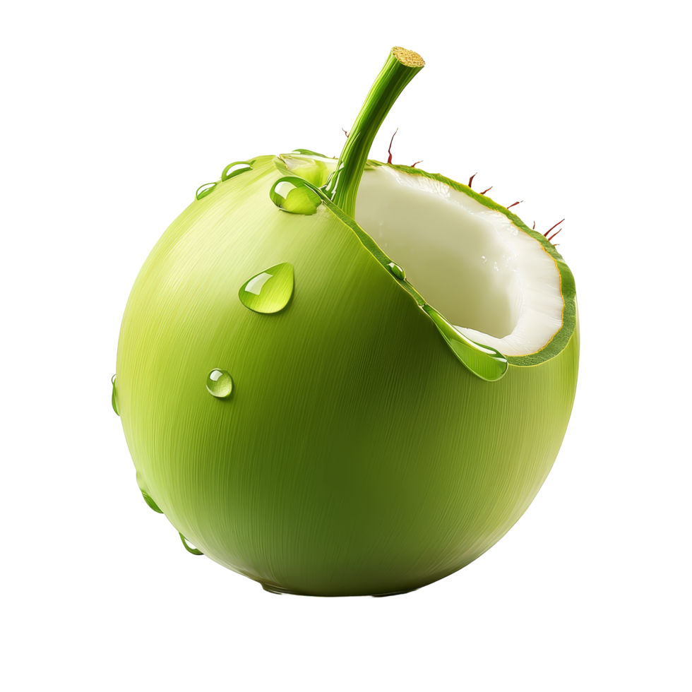 Fresh green coconut with water droplets isolated on a transparent background for tropical beverage enjoyment, green coconut with water drop isolated on transparent background png