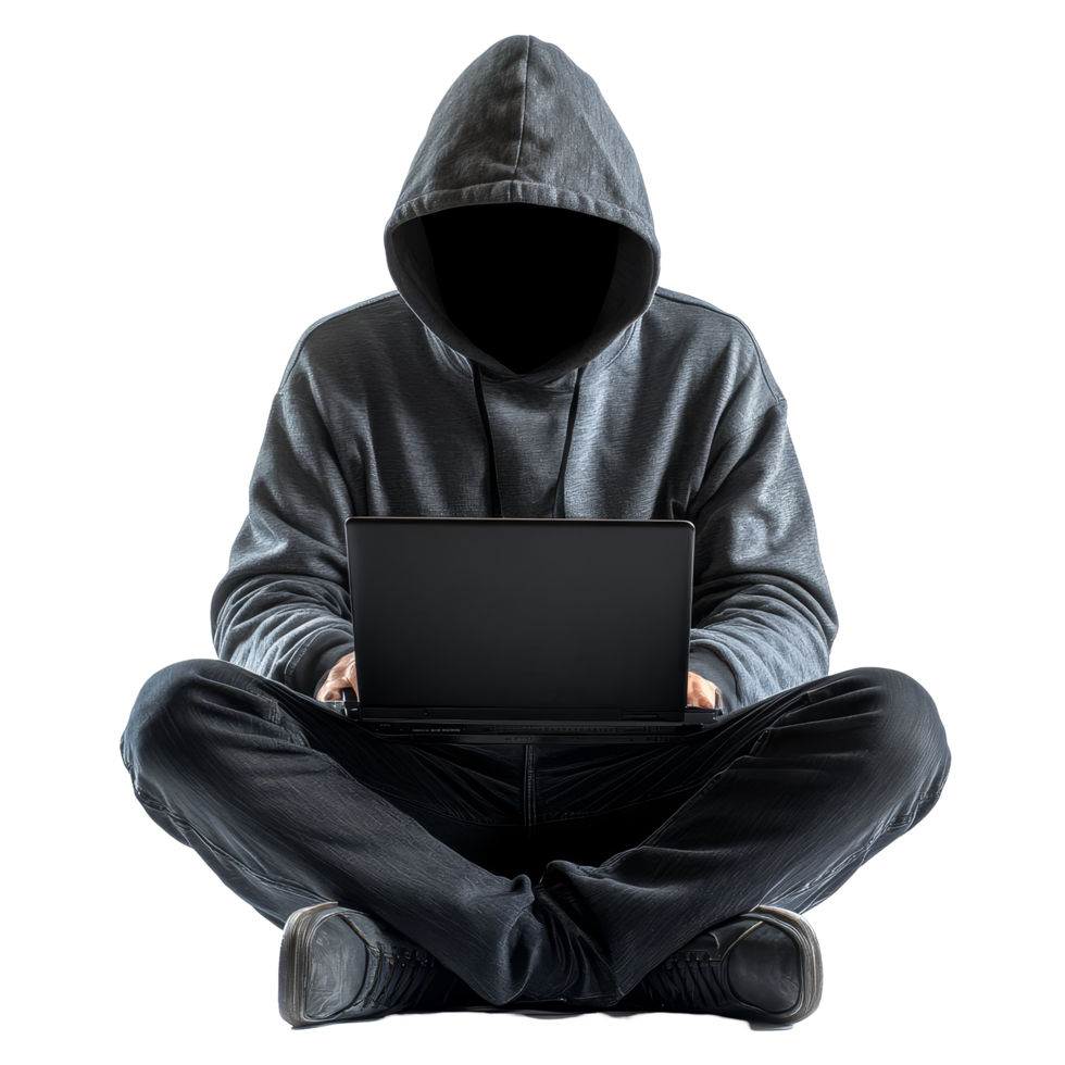 Hooded figure with hidden face working on laptop in a minimalist setting, Hooded Hacker with Laptop on transparent background png