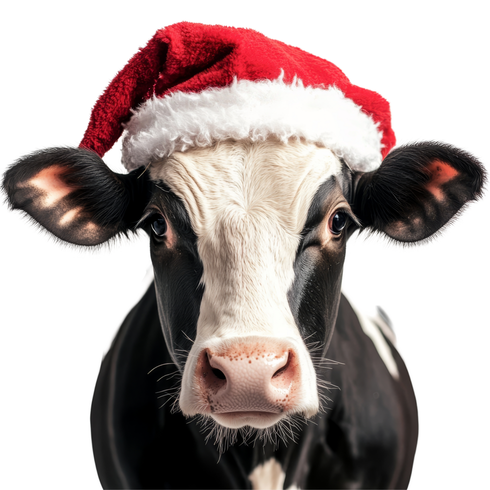 Cows celebrating Christmas with festive hats on a transparent background in a cheerful holiday spirit, Cows wearing a christmas hat on transparent background png
