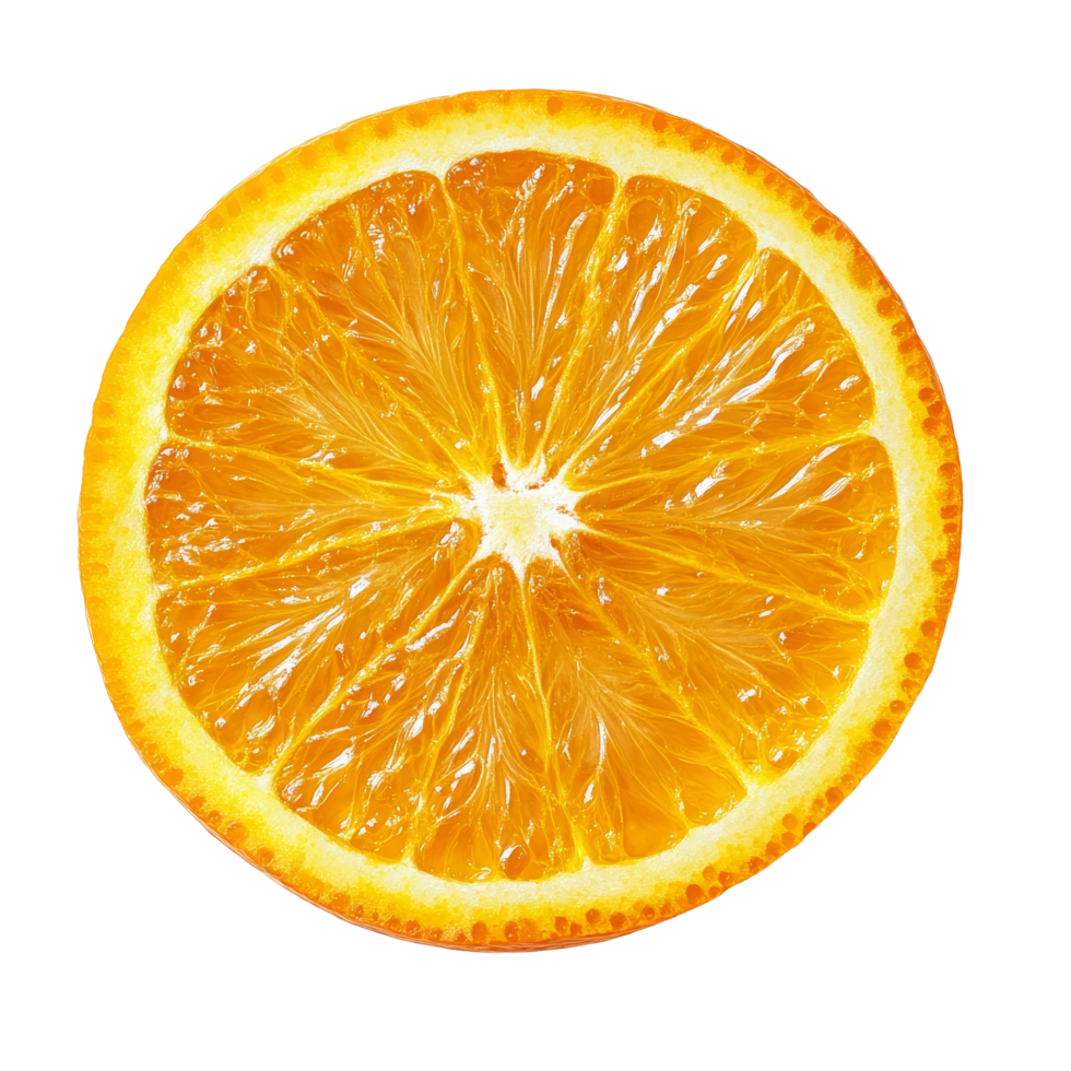 A fresh slice of orange fruit isolated on a clean transparent background showcasing its vibrant color and juicy texture, slice of orange fruit isolated on transparent background png