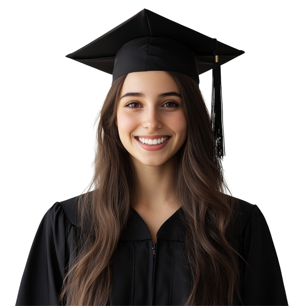 A confident female graduate smiles brightly against a transparent backdrop, showcasing her accomplishment and joyful spirit after graduation, Confident Female Graduate on transparent background png