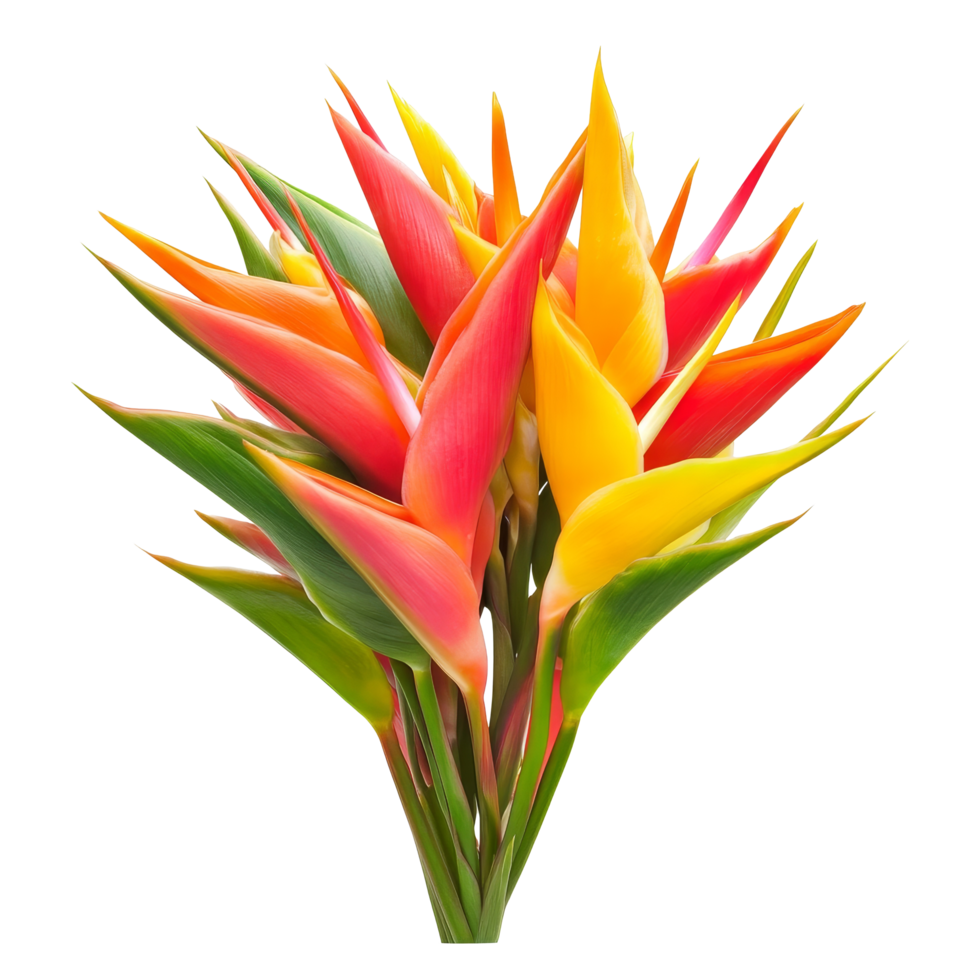 Vibrant heliconia flowers in a bouquet showcasing striking colors and lush greenery, heliconia Flowers Floral Bouquets flowers with transparent background png