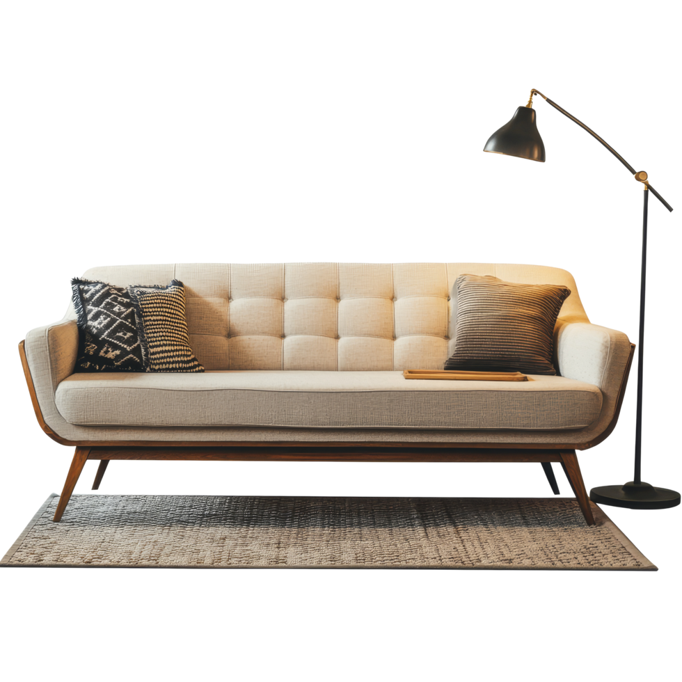Stylish midcentury sofa adorned with decorative pillows, complementing a chic rug and modern floor lamp, Midcentury sofa with pillow rug and floor lamp, transparent background png