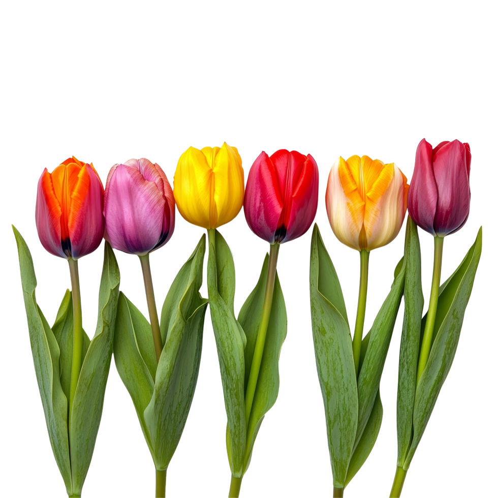 A row of vibrant tulips in various colors standing tall against a clean transparent background, row of colorful tulip flowers, file of isolated object on transparent background png