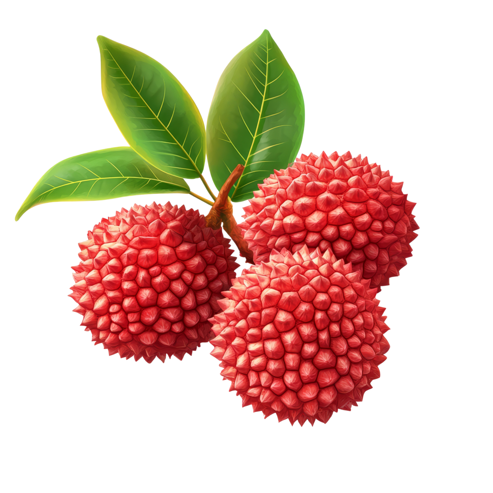 Fresh lychee tropical fruit with vibrant red skin and green leaves on a clean, transparent background, Lychee tropical fruit isolated on transparent background png