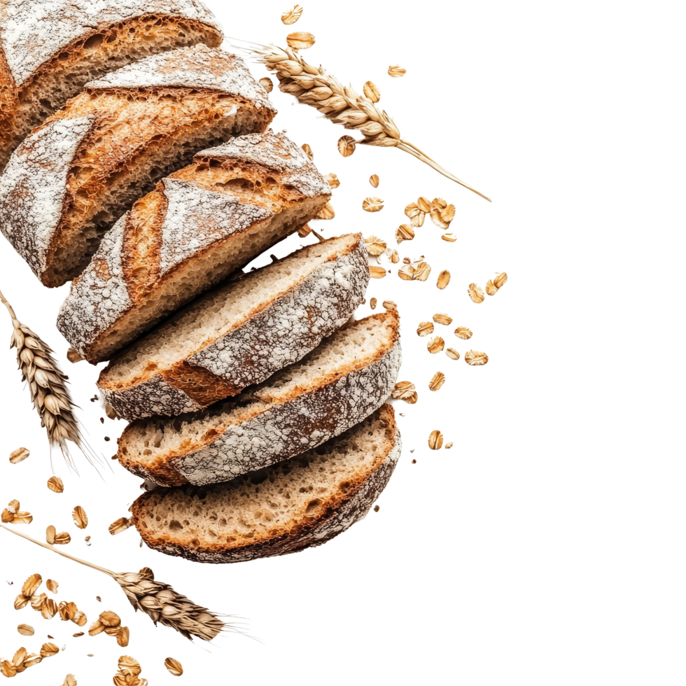 Whole wheat bread sliced and arranged on a transparent background with scattered grains, whole wheat bread on transparent background png