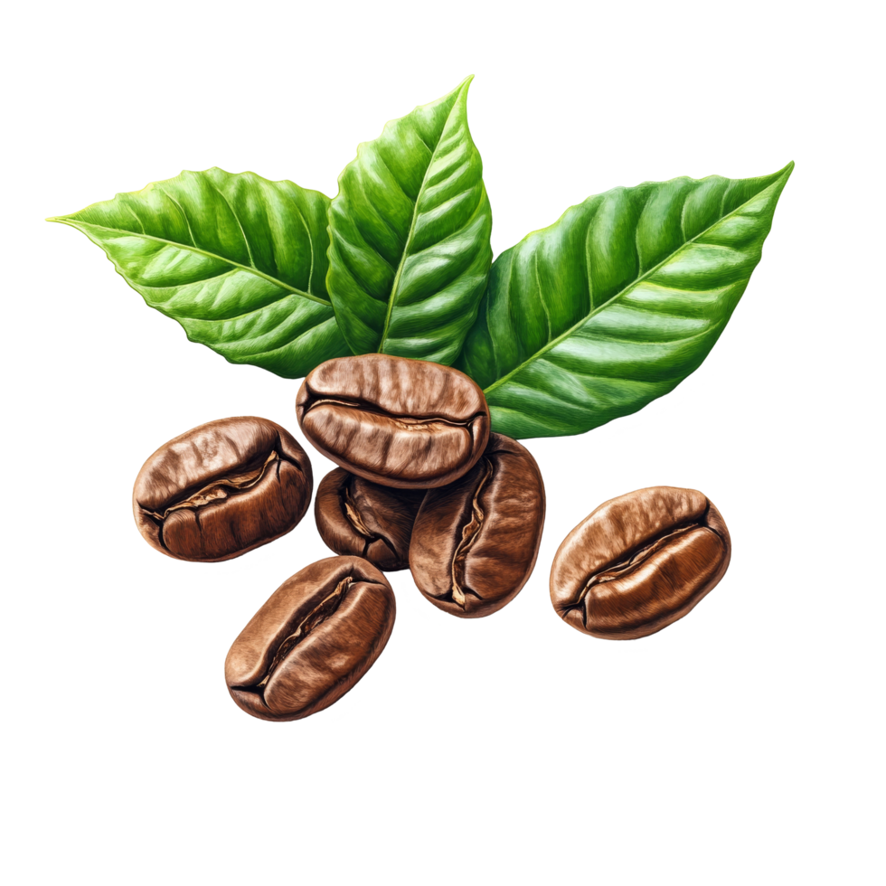Fresh coffee grains and vibrant green leaves arranged elegantly on a clean transparent background, coffee grains and leaves on transparent background png