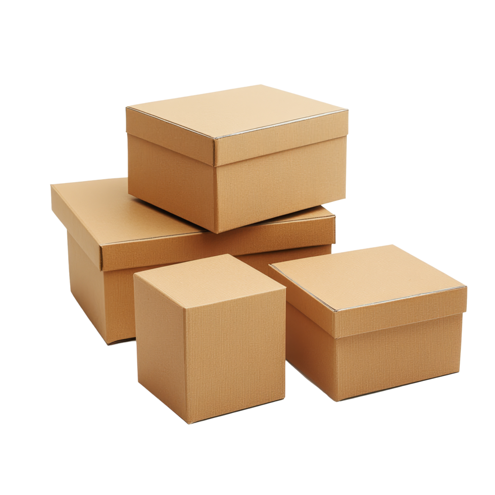 Brown gift boxes of different sizes arranged on a clean transparent background for packaging, boxes isolated on transparent background png