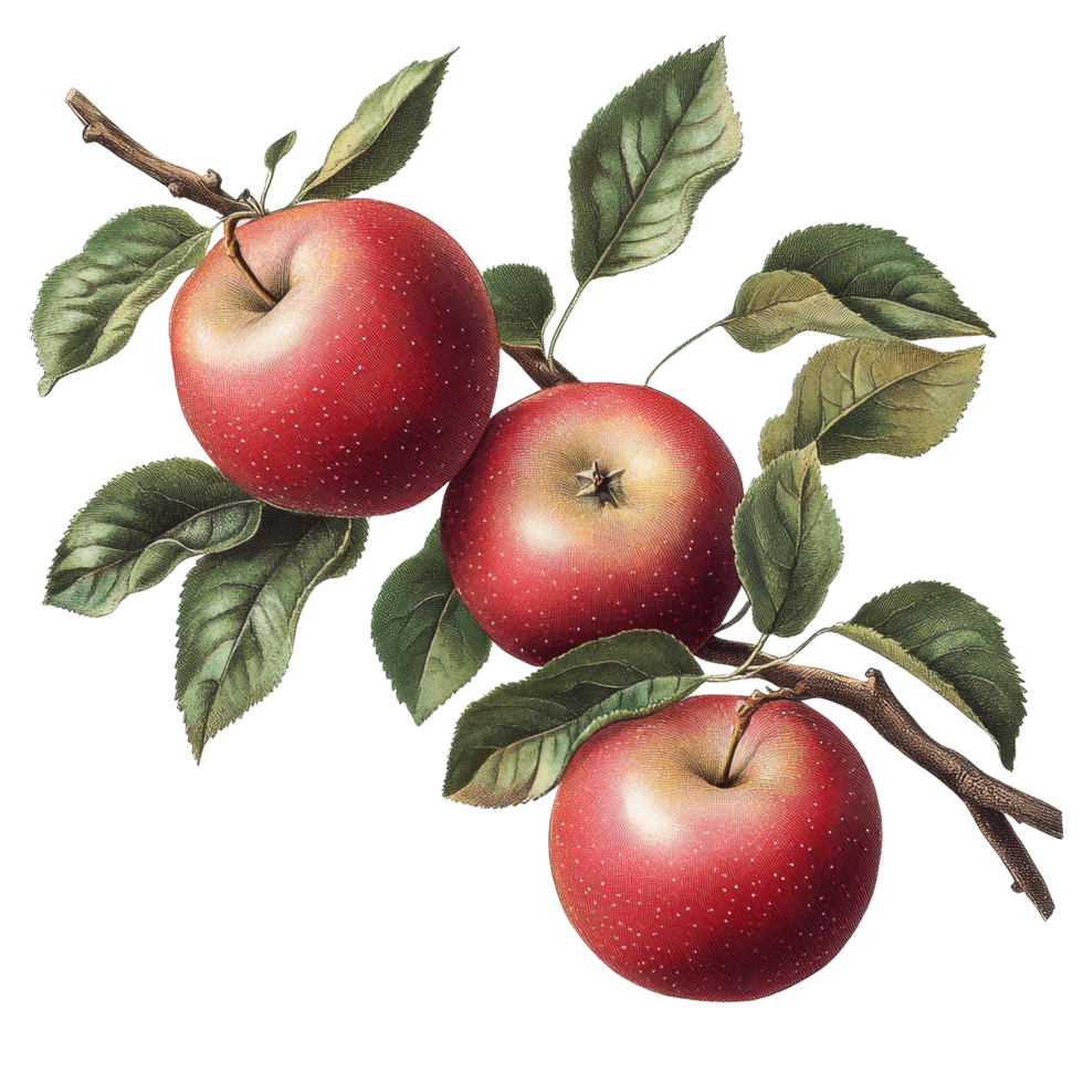A branch of bright red apples with green leaves against a transparent background showcasing natural beauty, Branch of delicious apples on whtie background cutouts png
