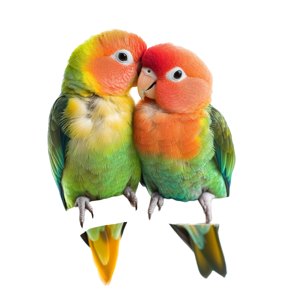Cute Agapornis parrots showing affection on a branch against a transparent background, Cute Agapornis parrot birds, in love, isolated on transparent background png