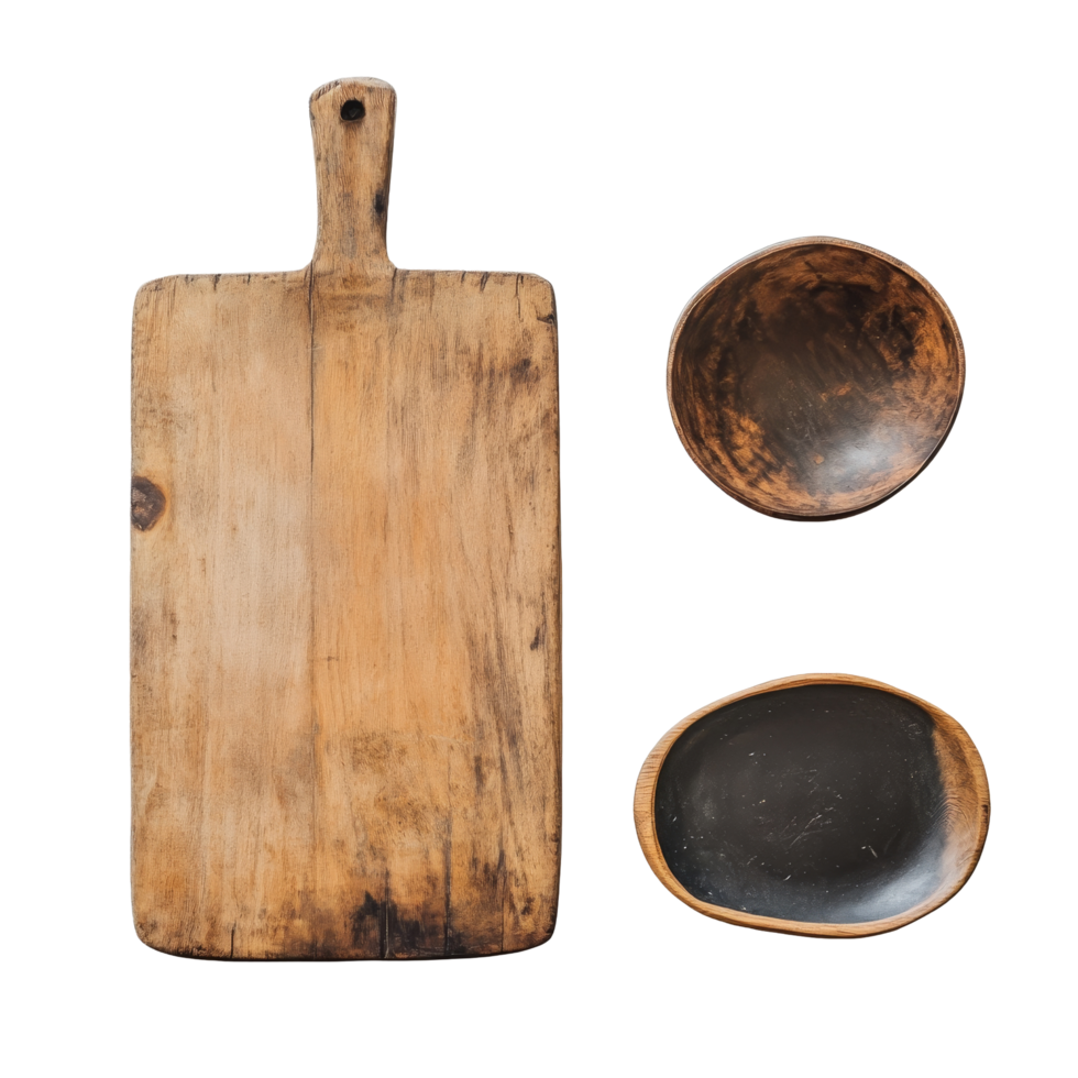Natural wooden chopping board and plates arranged on a transparent background highlighting rustic kitchenware for food preparation and serving, Chopping board and wood plate on transparent background png