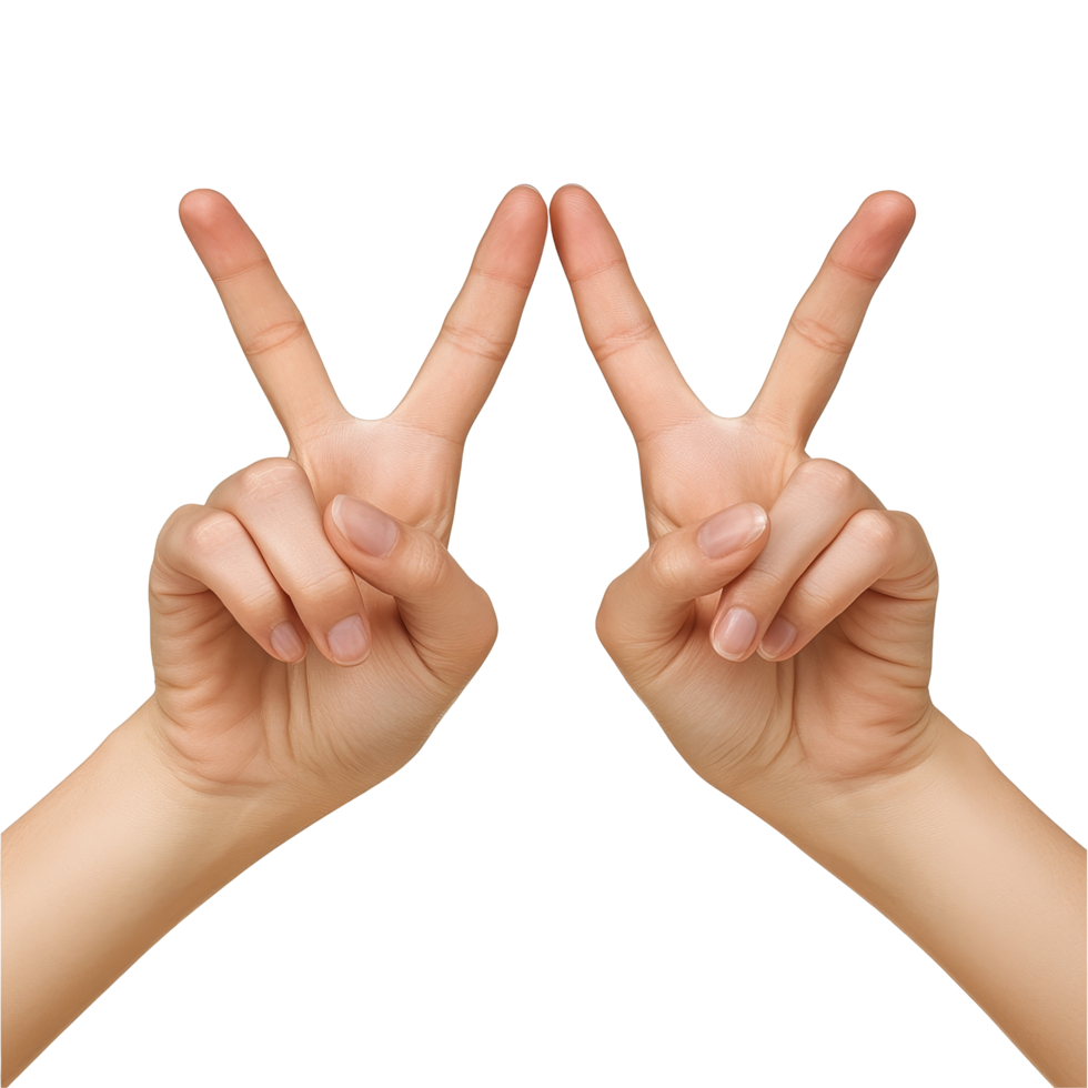 Female hands forming a V sign against a transparent background, symbolizing peace and positivity in daily life, file no background Female hands making a Vsign png