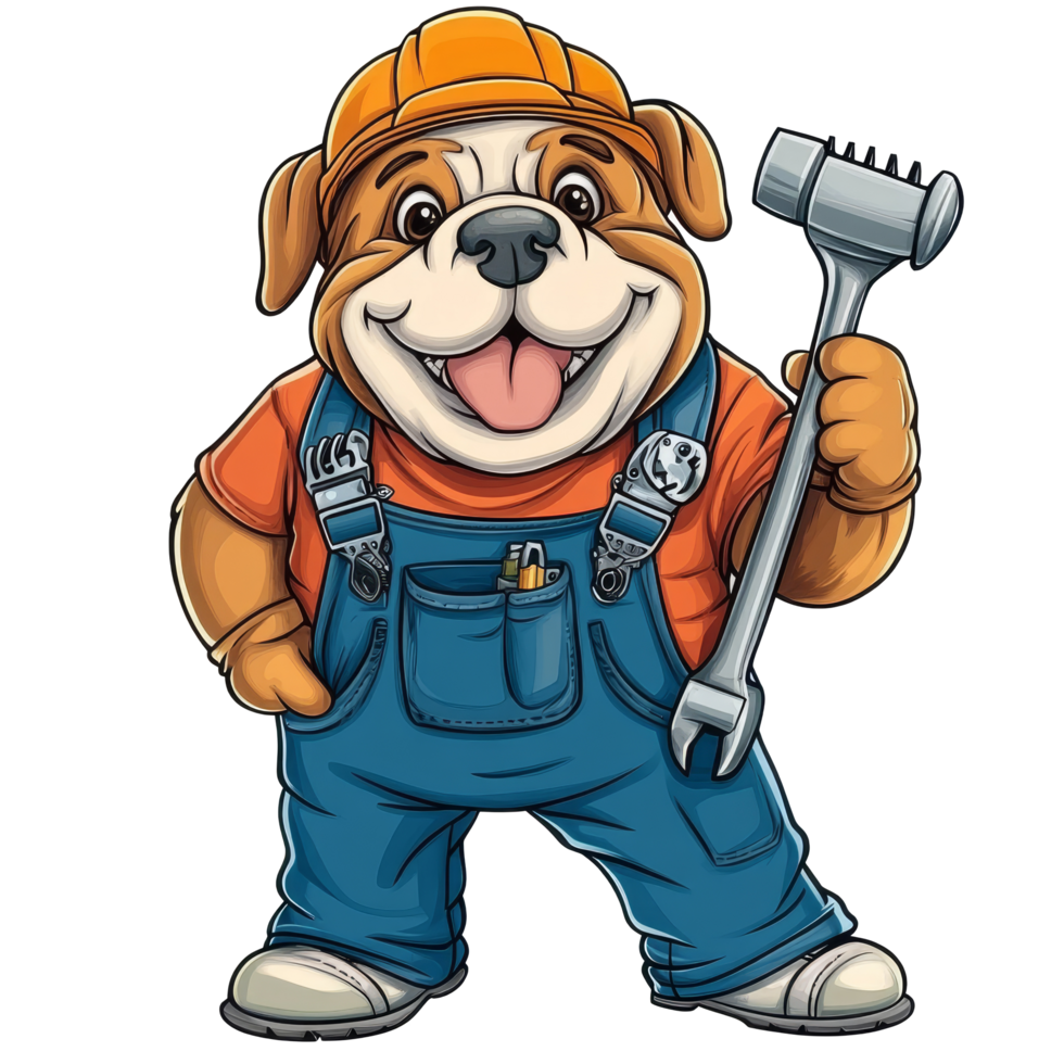 A cheerful cartoon bulldog worker wearing a cap and overalls holds a wrench against a plain transparent background, Cartoon Bulldog Worker with Wrench on transparent background Labor Day png