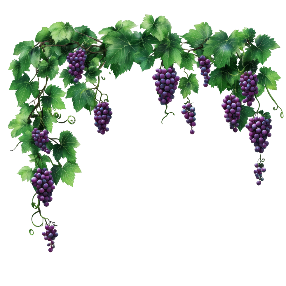 A vibrant garland of grape branches and lush green leaves perfect for decoration and natural aesthetics, grapes branch and leaves hanging garland isolated on transparent backgroud png