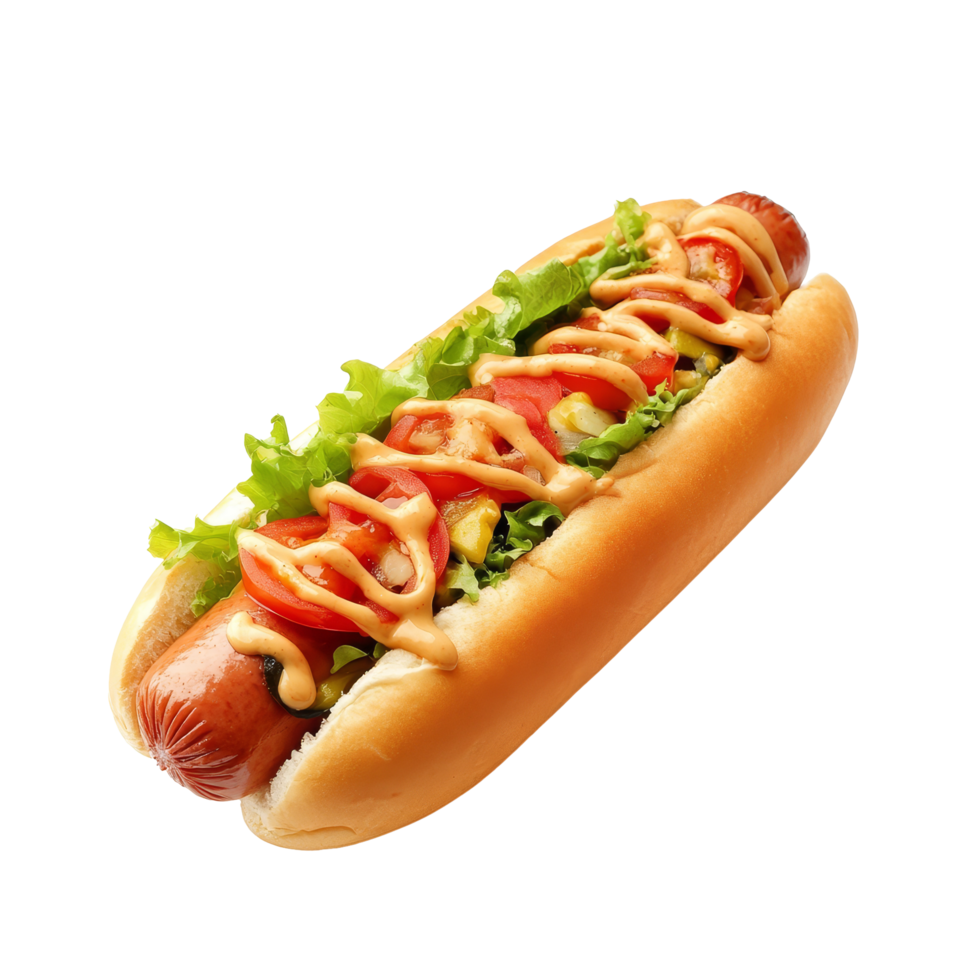 Delicious hot dog topped with fresh vegetables and mustard on a transparent surface, Delicious hot dog isolated on transparent background png