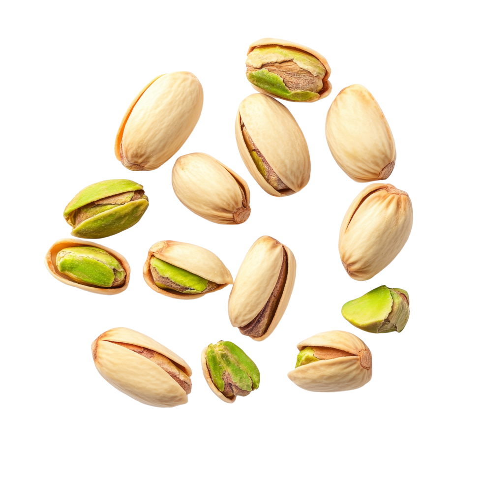 Fresh pistachios scattered on a clean transparent background showcasing their vibrant green nut color, Pistachios isolated on transparent background png