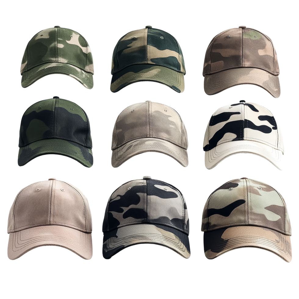 Military camouflage baseball caps displayed on a transparent background showcasing various patterns and colors, Military Camouflage Baseball Caps on transparent background png