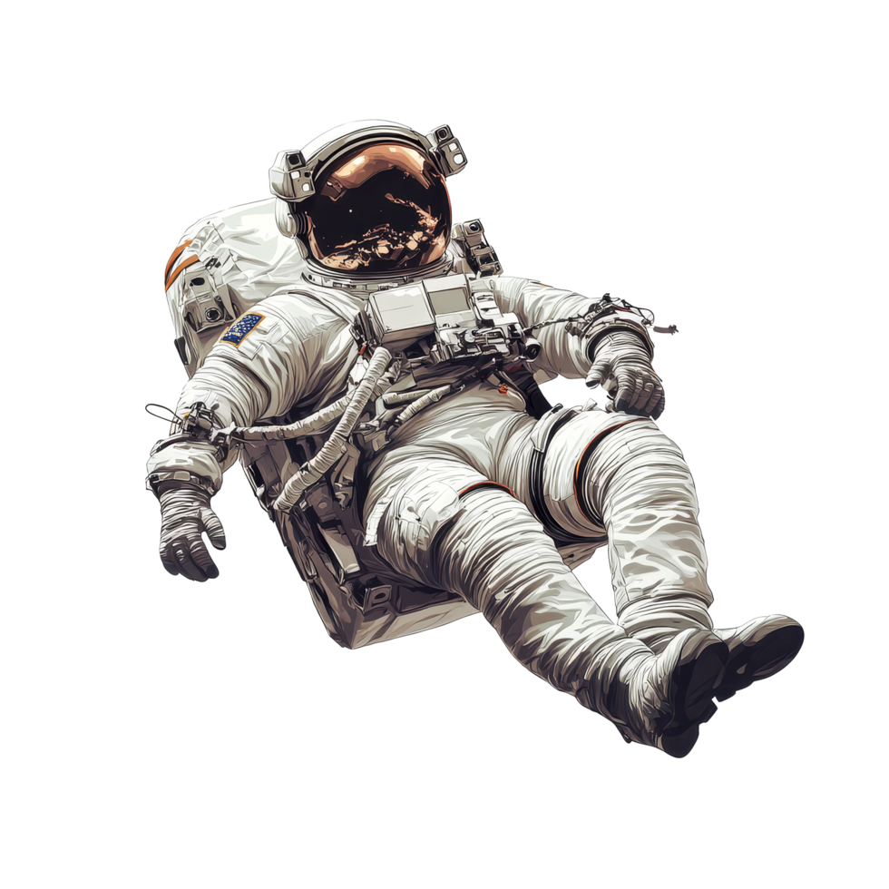 Astronaut character in spacesuit floats gracefully in zero gravity environment, Astronaut character in space suit floating in zero gravity on transparent background png