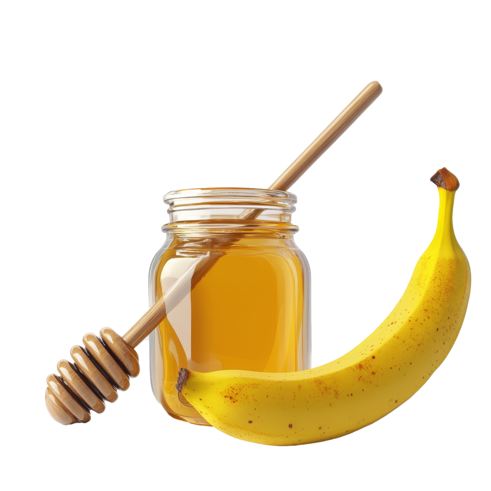 A jar of honey and a ripe banana on a transparent background showcasing a delightful combination of sweetness and freshness, honey jar and banana on transparent background png