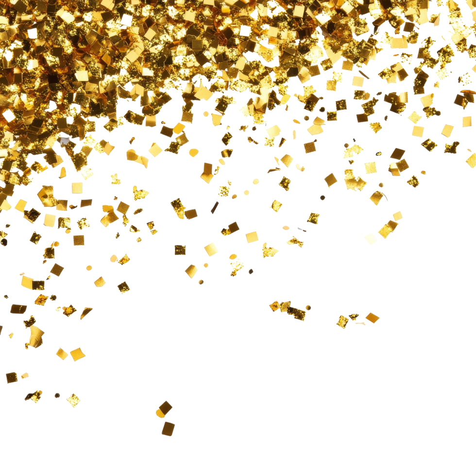 Golden glitter confetti celebration sparkles falling for a festive atmosphere at a joyful event, Elegant Golden Glitter Confetti Celebration Sparkle Overlay on transparent background png
