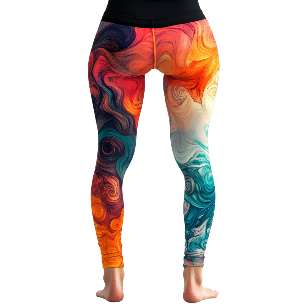 Colorful yoga pants with swirling patterns, showcasing a vibrant design perfect for activewear and fitness, yoga pants png