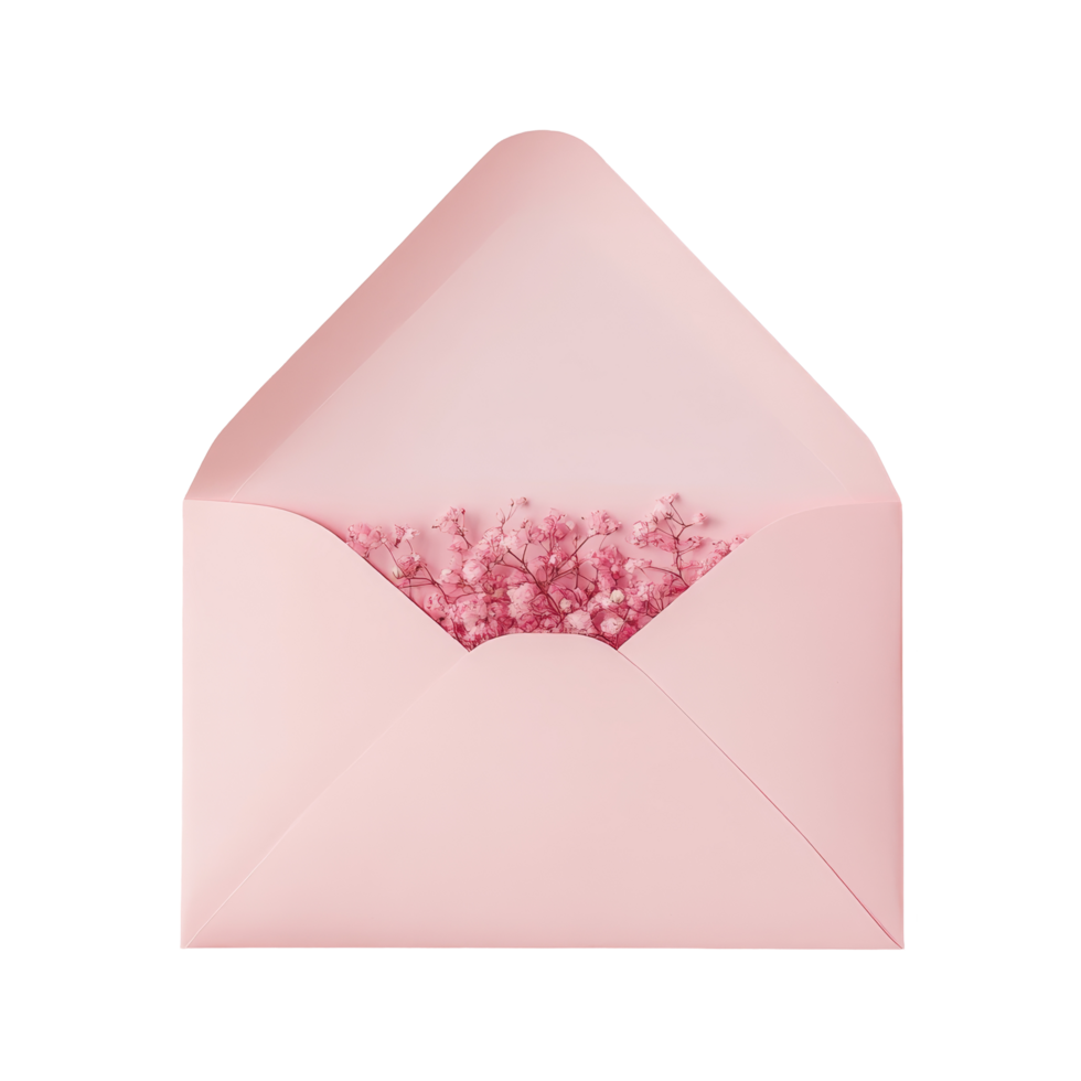 A delicate pink envelope with a card surrounded by flowers on a soft pink background, Pink open envelope with card png