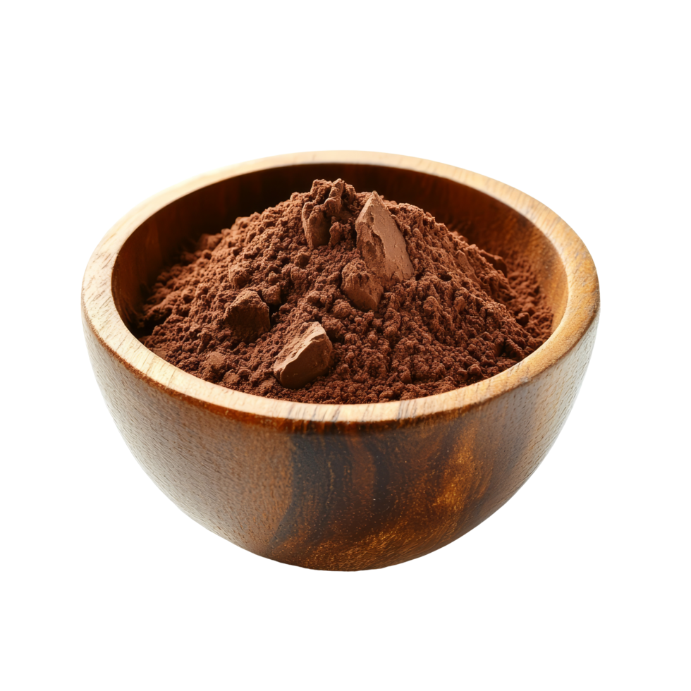 Delicious chocolate powder in a wooden bowl ready for baking or desserts, Sweet chocolate powder in a wooden bowl on a transparent background png